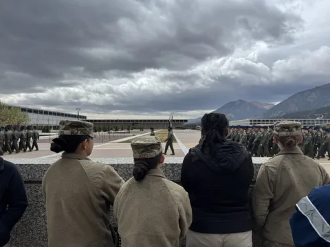 AFROTC cadets watching a ceremony on the Air Force base in Colorado Springs